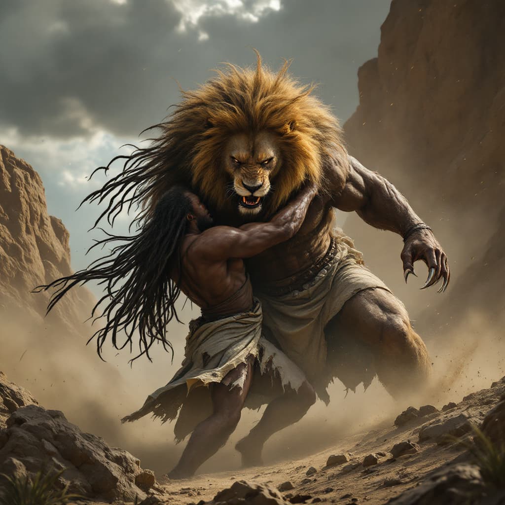AI generated: An epic biblical scene of Samson(depicted as a 10ft tall physically fit Black african with lond drea...