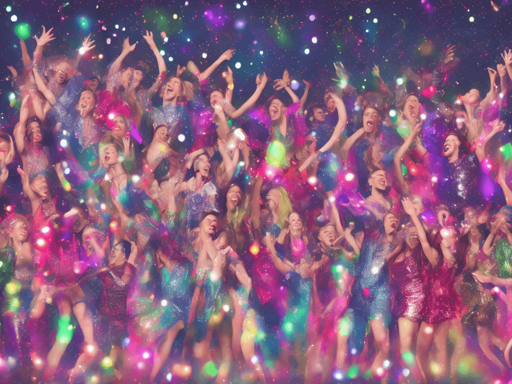 AI generated: Singers, sparkly clothes, dancing and singing, realistic, lively, party, youthful, loud, chaotic