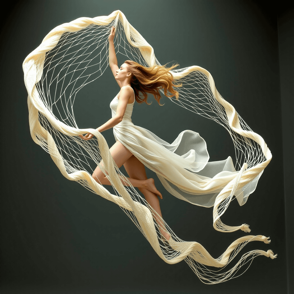 AI generated: A dream weaver, a slender figure in flowing silks, catching nightmares in a delicate net and transfo...