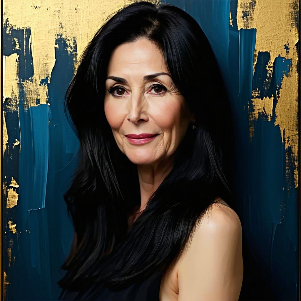 AI generated: a woman with long black hair in a gold painting, cinematic  , dark blue and dark black,  realistic c...