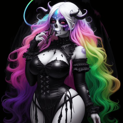 AI generated: Gorgeous demon girl with long rainbow hair, curvy body, black gothic style clothing, holding a glowi...