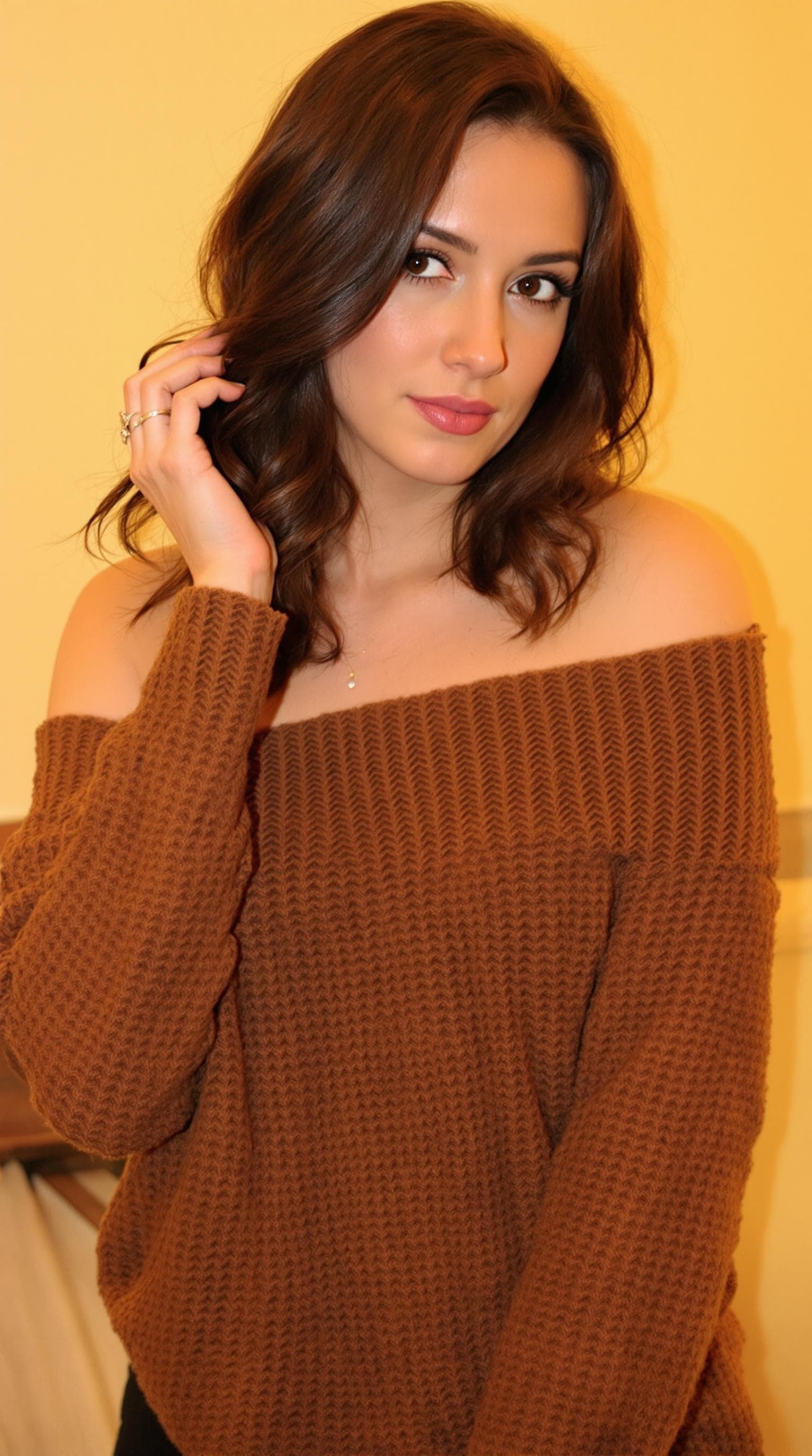 AI generated: A woman with wavy dark brown hair, wearing an off-shoulder oversized brown knit sweater. She gazes s...