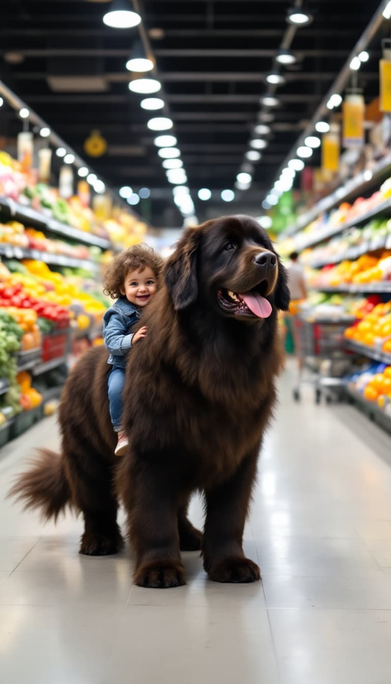 AI generated: smiling baby in tiny denim riding huge friendly newfoundland dog through grocery store aisle, shoppi...