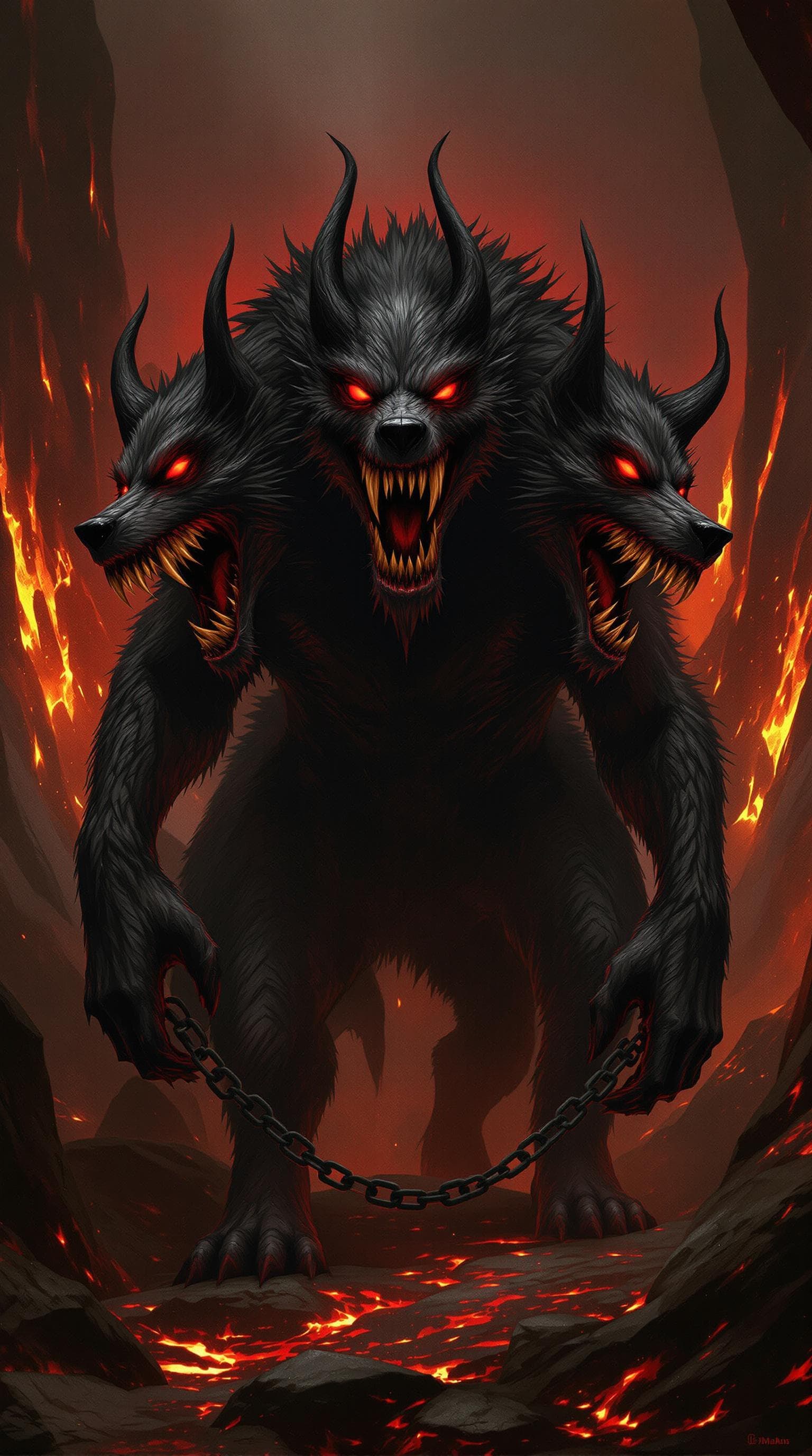 AI generated: The image depicts Cerberus a menacing three-headed creature resembling a large, dark wolf or dog. Ea...