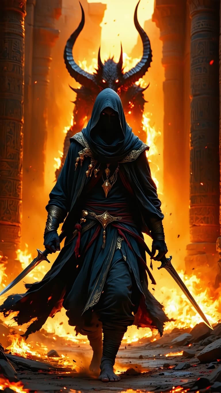 AI generated: An ultra-realistic, wide angle, front facing, full-body portrait of a hooded Persian Assassin, drape...