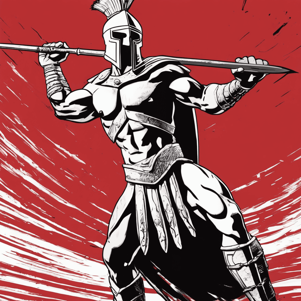 AI generated: spartan warrior holding out a spear from frank miller's 300 comic book, in the style of crimson and ...