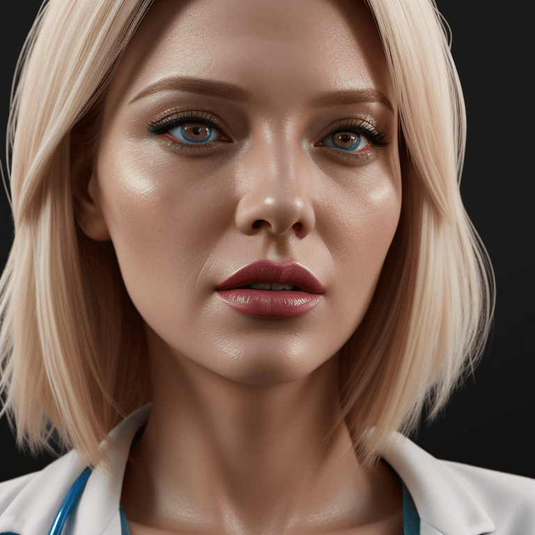 AI generated: hyper realistic headshot photo of a female doctor, very beautiful, make-up, lipstick, blond hair, lo...