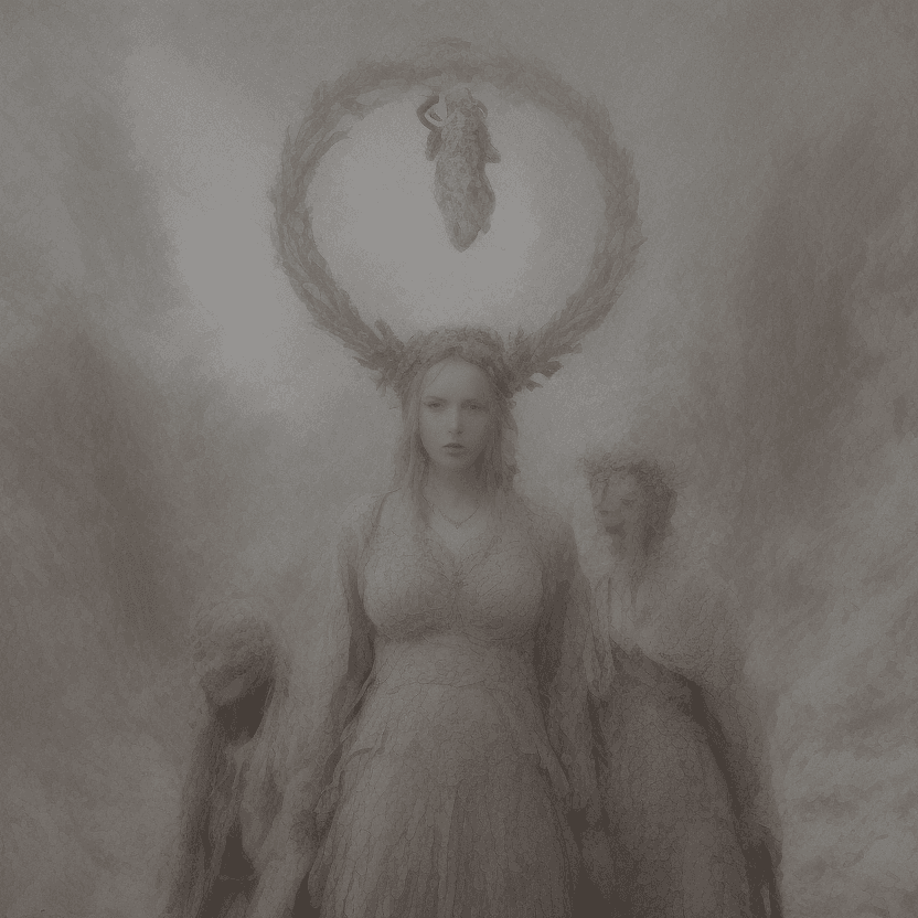 AI generated: three women standing together in a triangular formation, set against a breathtaking fantasy landscap...