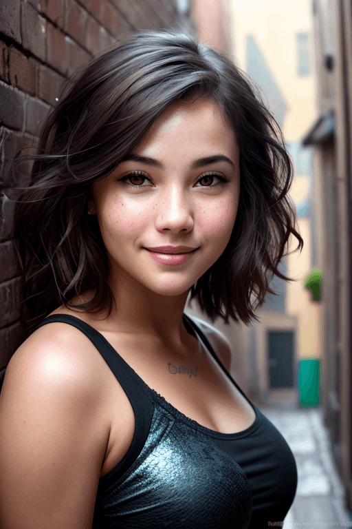 AI generated: realistic wallpaper image, beautiful fugitive hiding in an alleyway, stunning face, fun and mischiev...