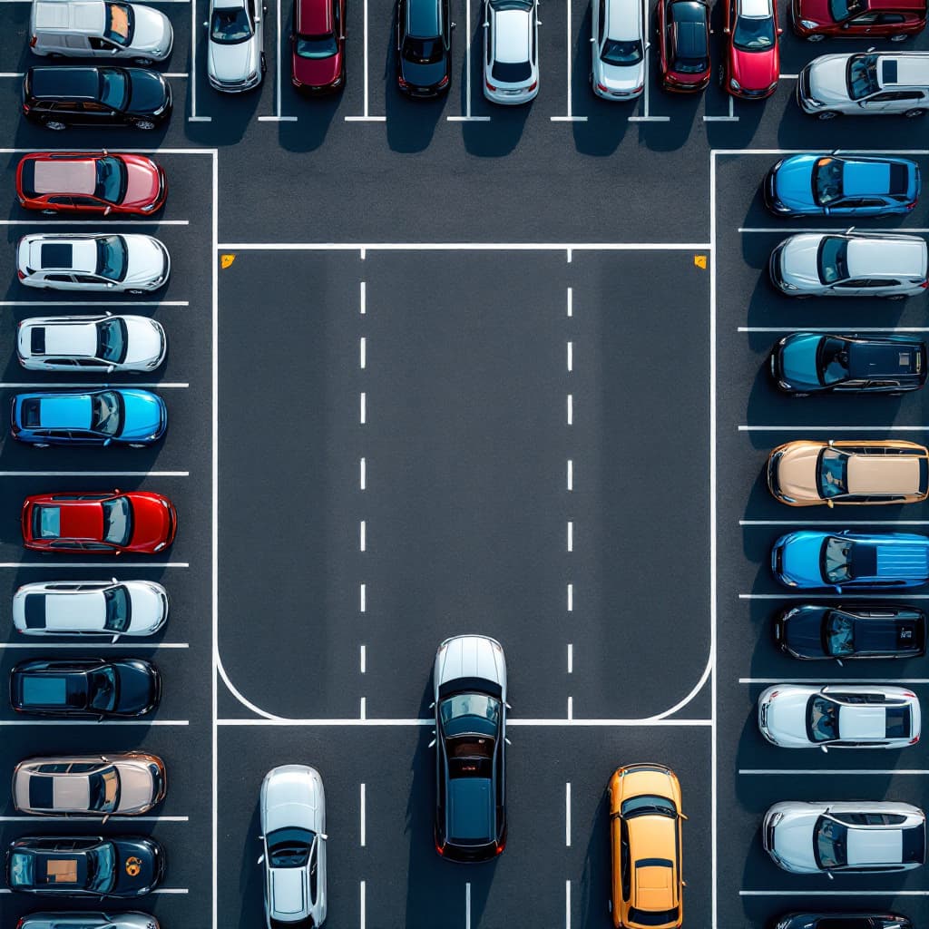AI generated: Create a series of images showcasing a bustling parking lot filled with various cars. The main focus...