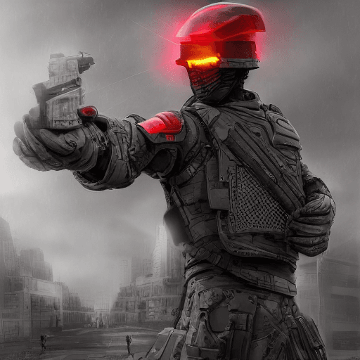 AI generated: hyperrealistic art Futuristic soldier with advanced armor, weaponry, and helmet, neon red, street, o...