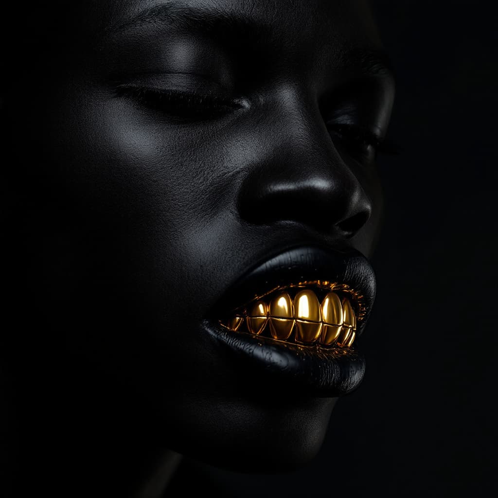 AI generated: a BLACK man with a large jaw and gold teeth, in the style of futuristic minimalism, restrained forms...