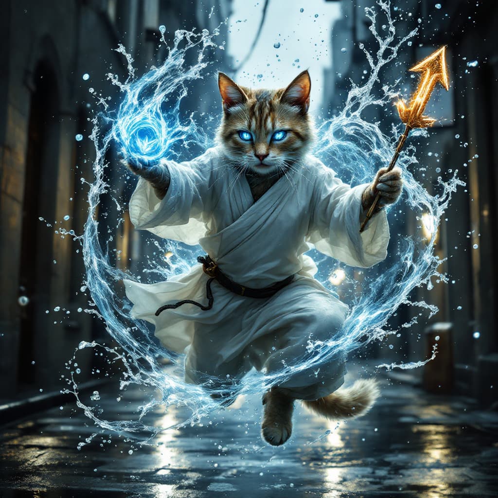 AI generated: an anthropomorphic cat wearing white linen is depicted in an action pose, swirling water with an arr...