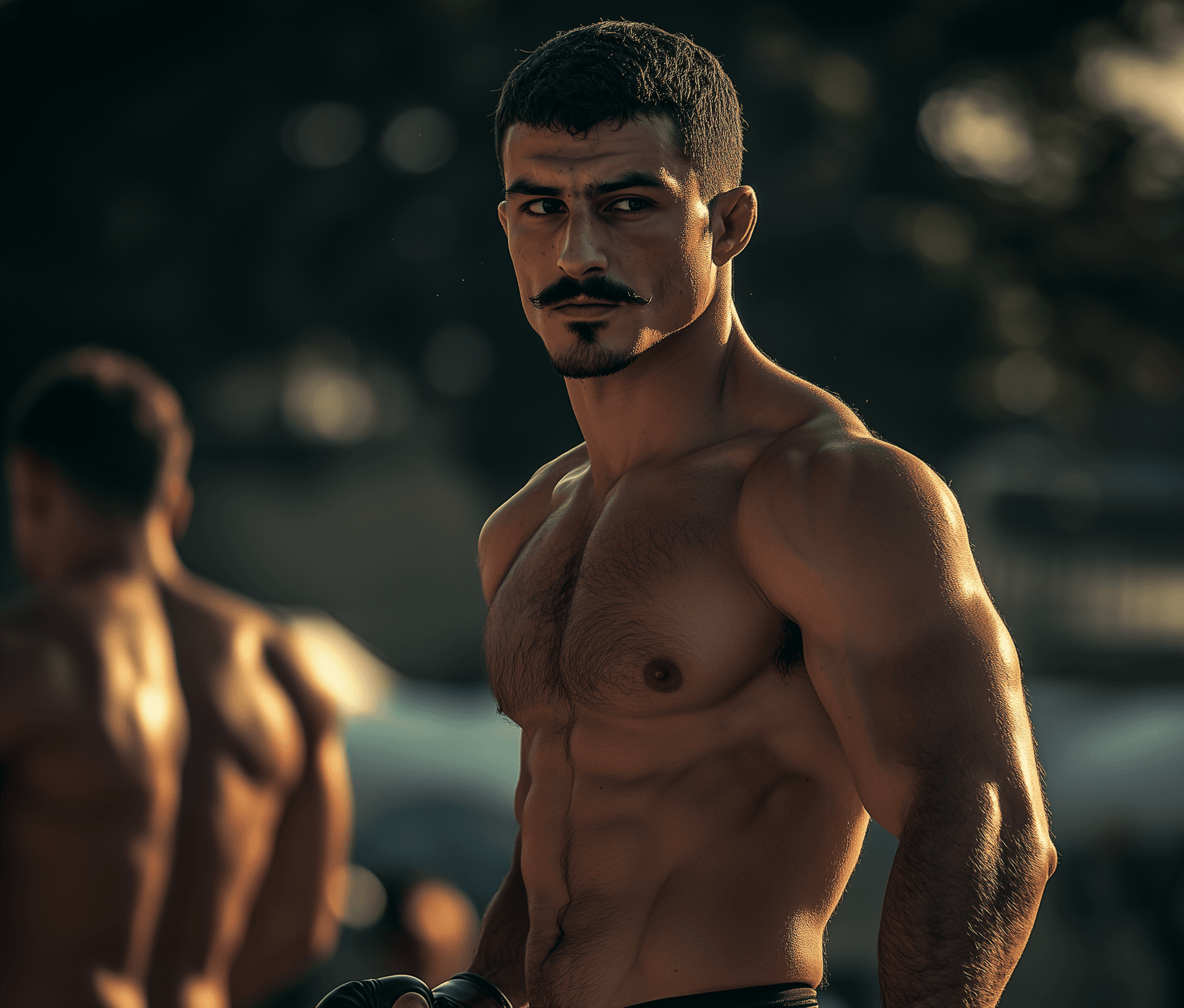 AI generated: full body photo of the handsome Greek MMA fighter, with short black hair and thick mustache, facing ...