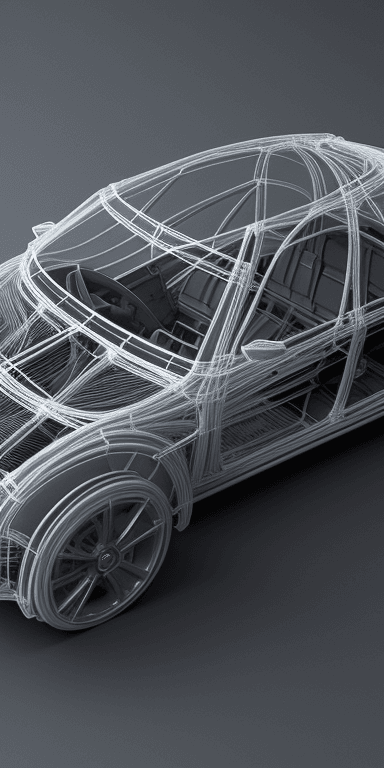 AI generated: A futuristic car wireframe model viewed from a high angle, transparent background, precisely rendere...