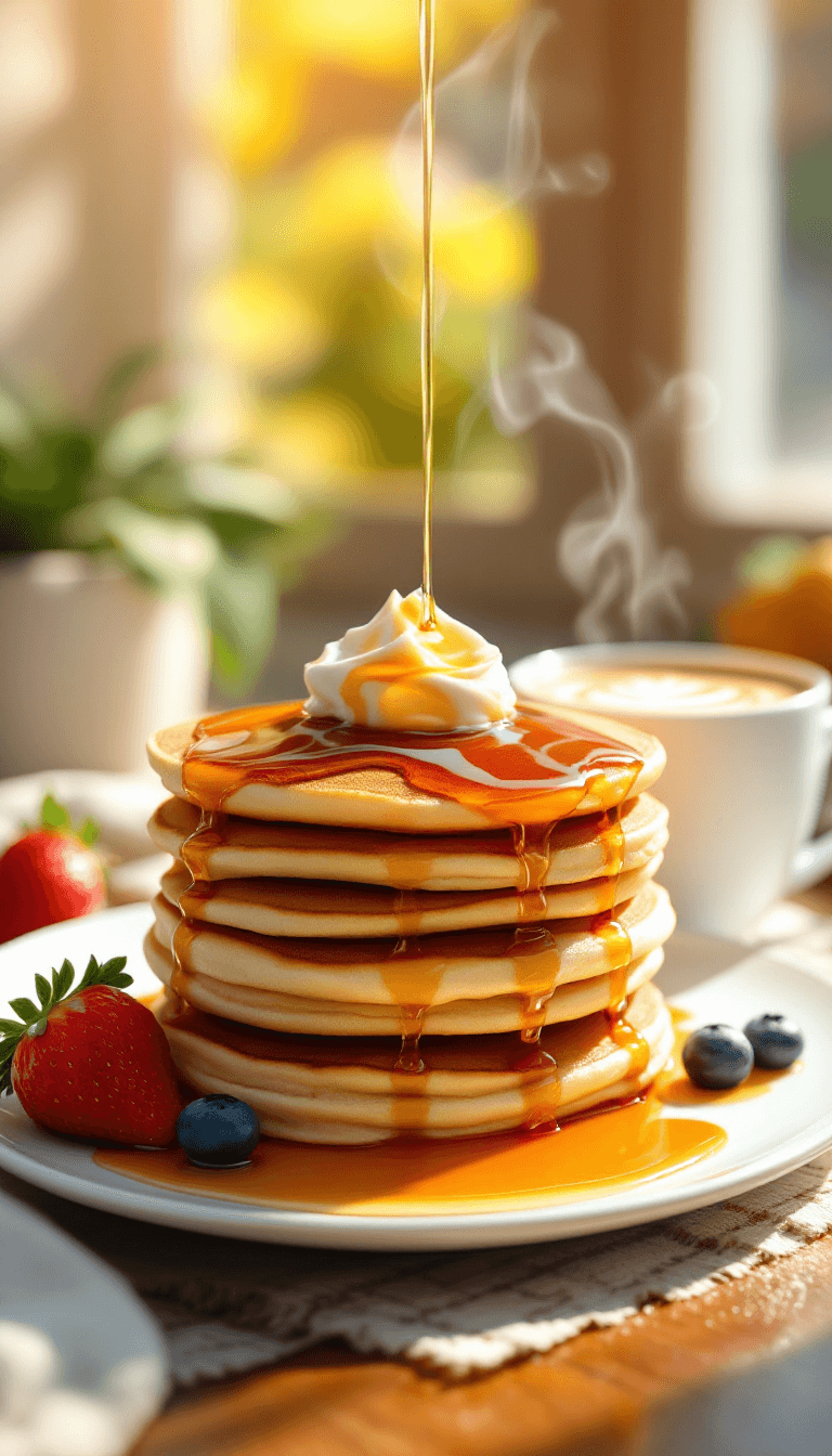 AI generated: A stack of golden-brown pancakes sits on a white ceramic plate, drenched in glossy maple syrup casca...