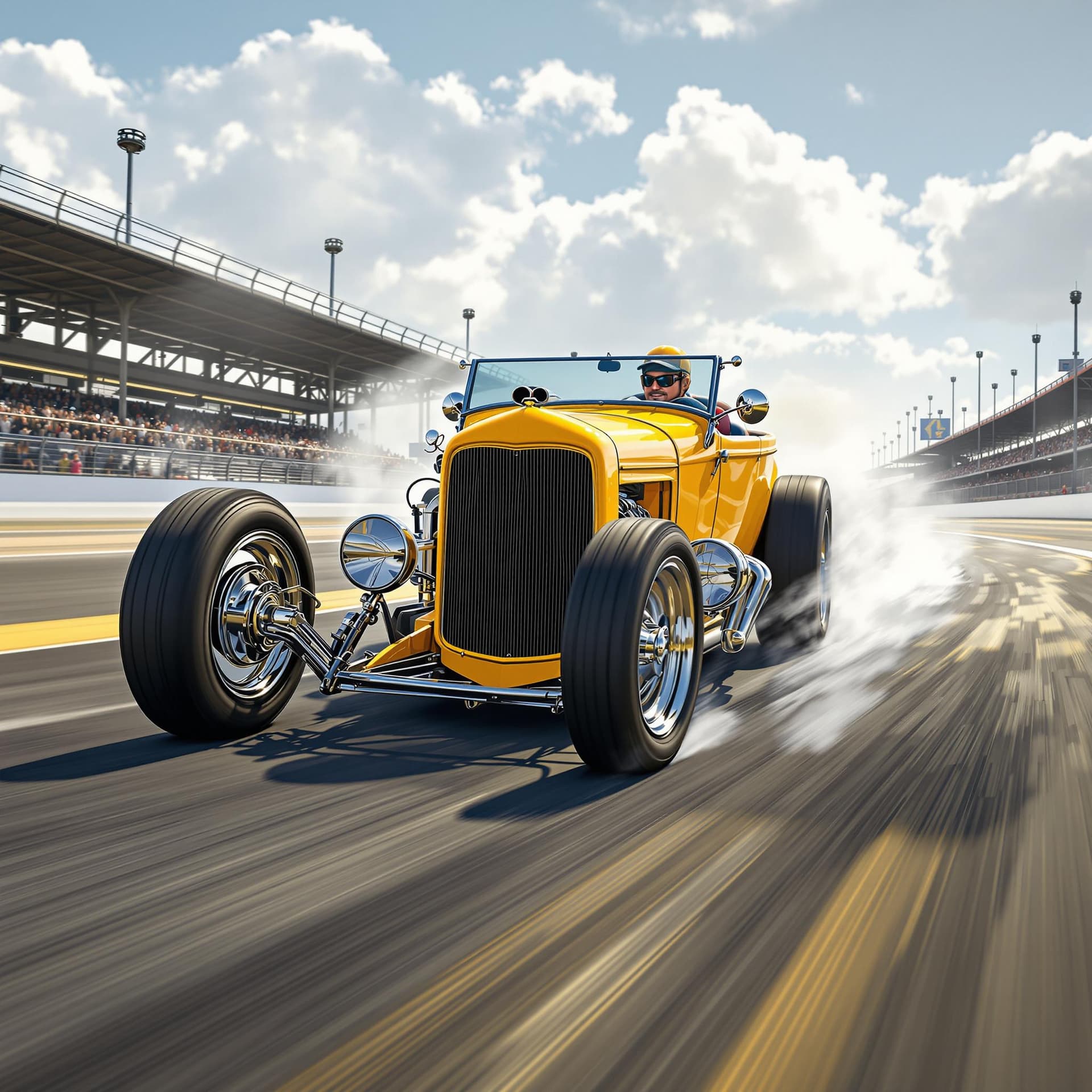 AI generated: Envision a 3D photorealistic, bright yellow 1920s ford hot rod  with a driver charging down a race t...