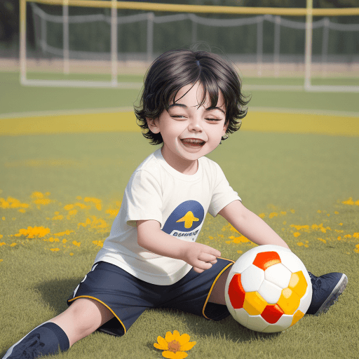 AI generated: little boy 4 years old playing with ball, dark hair, shorts and T-shirt, happy expression on the fie...
