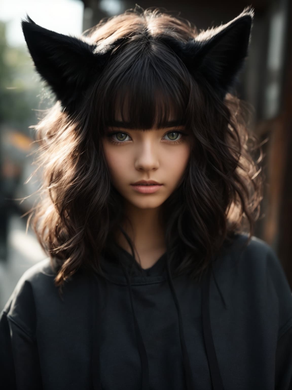 AI generated: The catgirl. Cat ears, cat's tail. dark clothes. Dark hair. An incredulous look. A detailed face. De...