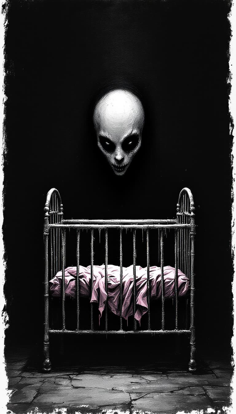 AI generated: creepy black ink drawing of a Terrifying  crib against a black bedroom wall with a ghostly woman's s...