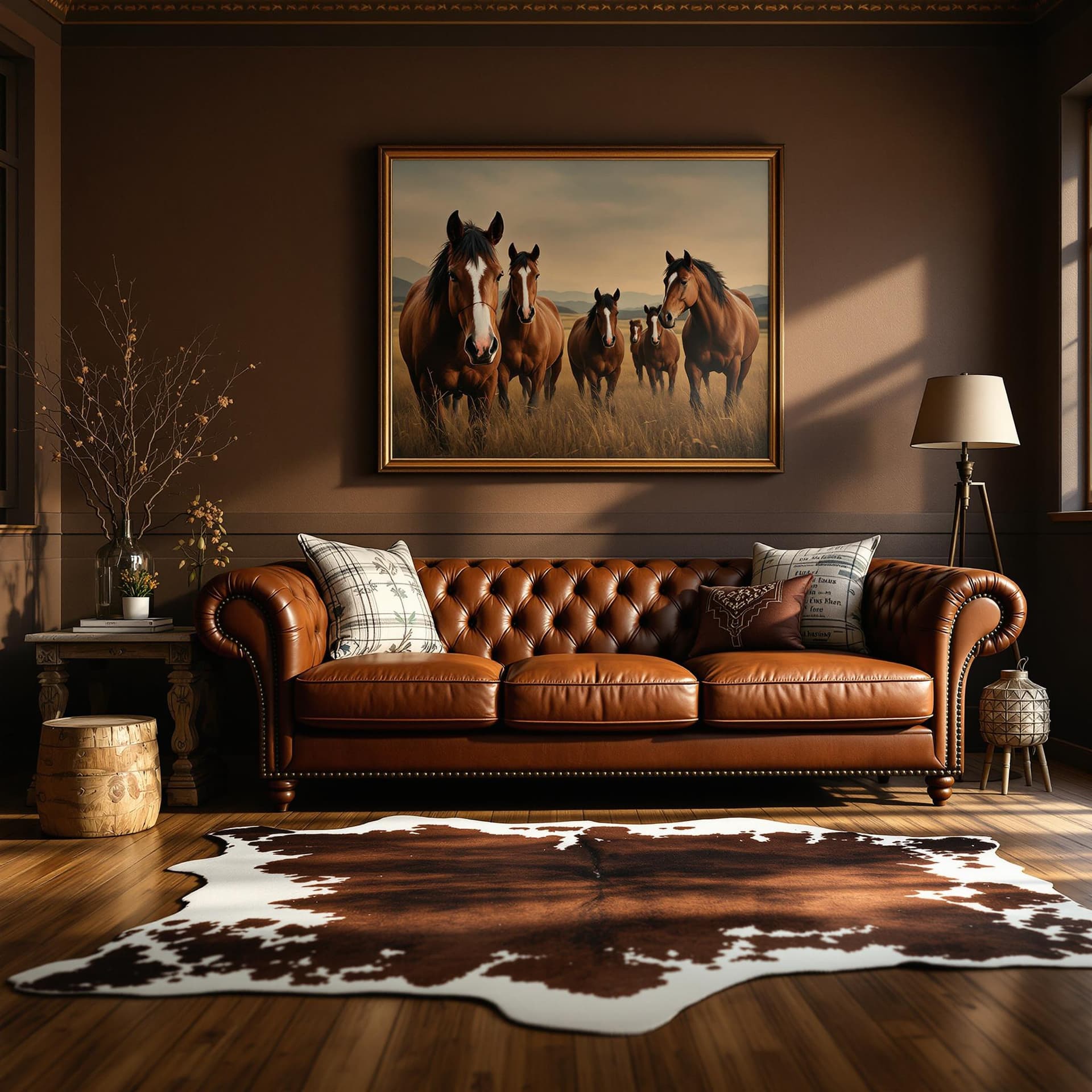 AI generated: photograph, comfy western living room, morning, wood floor, cowhide rug, horses portrait, including ...