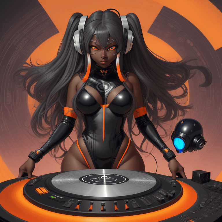 AI generated: inkling adult goddesses, long hair, dark skin, leotard, thick thighs, speakers on helmet headset, sm...