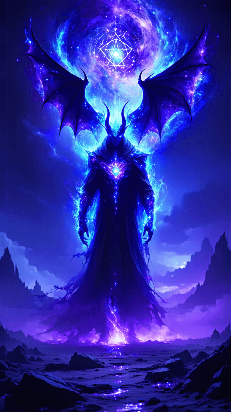 AI generated: “The Devil’s Celestial Chains” – A towering horned figure of cosmic shadow and burning stardust emer...