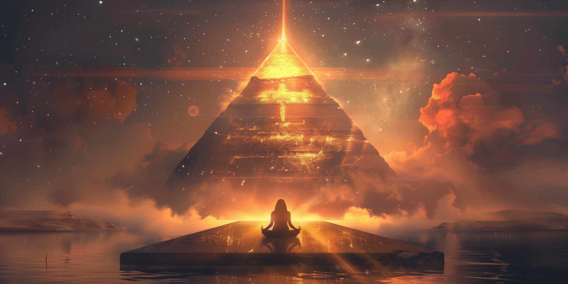 AI generated: A beautiful render of an egyptian pyramid with golden light radiating from the top, centered in fron...