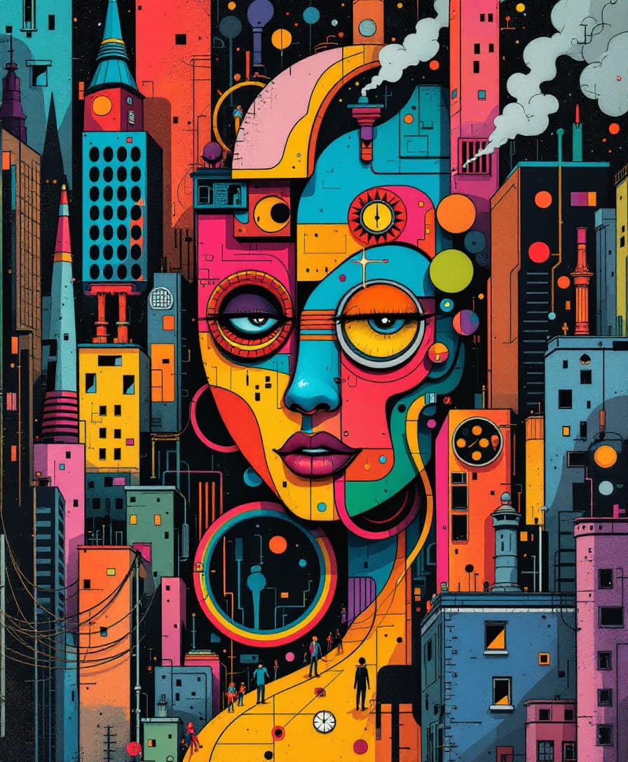 AI generated: cartoon with a colorful face surrounded by a city, in the style of tim doyle, industrial forms, pack...