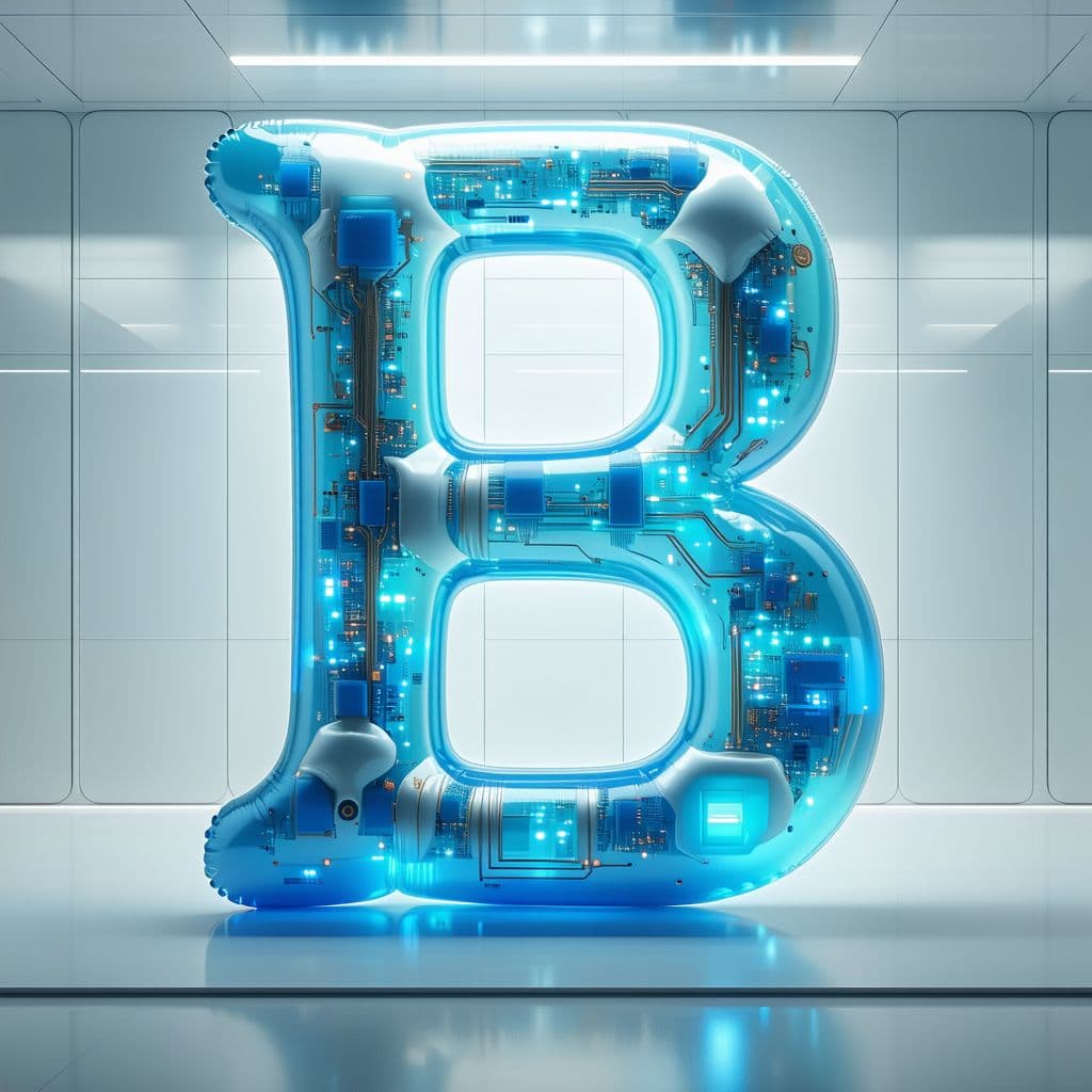 AI generated: "The letter B designed as a biomechanical inflatable creature, translucent soft silicone structure w...