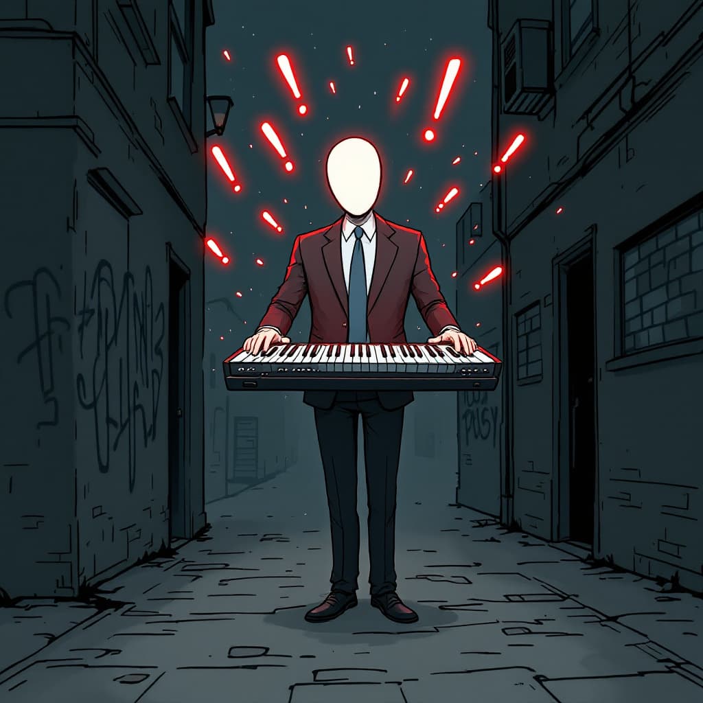AI generated: a humanoid figure in a full-length formal suit, with curved shoulders and a keyboard floating in the...