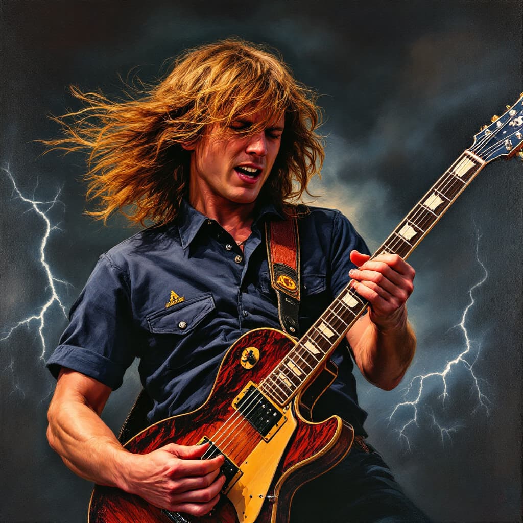 AI generated: an impasto oil painting of Angus from AC/DC playing an electric guitar. He is wearing a school unifo...