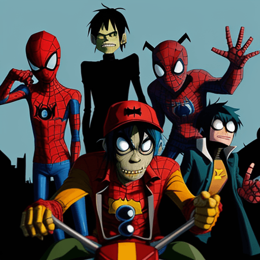 AI generated: 2-D from Gorillaz as Spider-man
Murdoc from Gorillaz as Batman
Noodle from Gorillaz as Iron man
Russ...