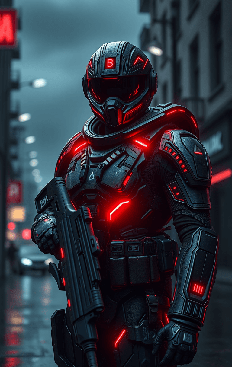 AI generated: Futuristic soldier with advanced armor, weaponry, and helmet, neon red, street, overcast, reflection...