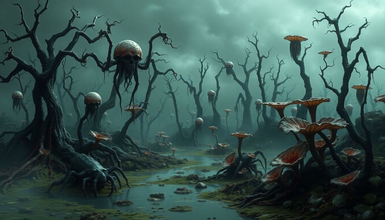 AI generated: Dark nightmare alien landscape fantasy, fantastical time warped landscape   Dark delvers nightmare h...