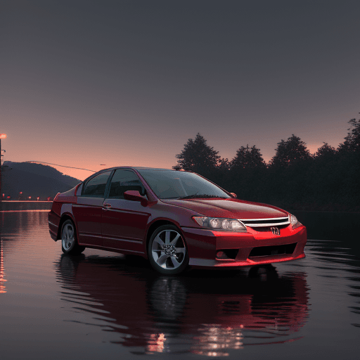 AI generated: A red honda accord 2007  year old honda accord parked on a riverbank, on a beautiful waterfront, at ...
