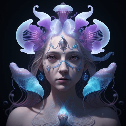 AI generated: Goddess close-up portrait ribcagel. jellyfish phoenix head, nautilus, orchid, skull, betta fish, bio...