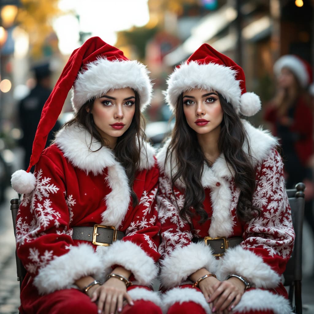 AI generated: Two female male Santa Claus criminals strong  wearing  Santa Claus suit  in light red color in day t...