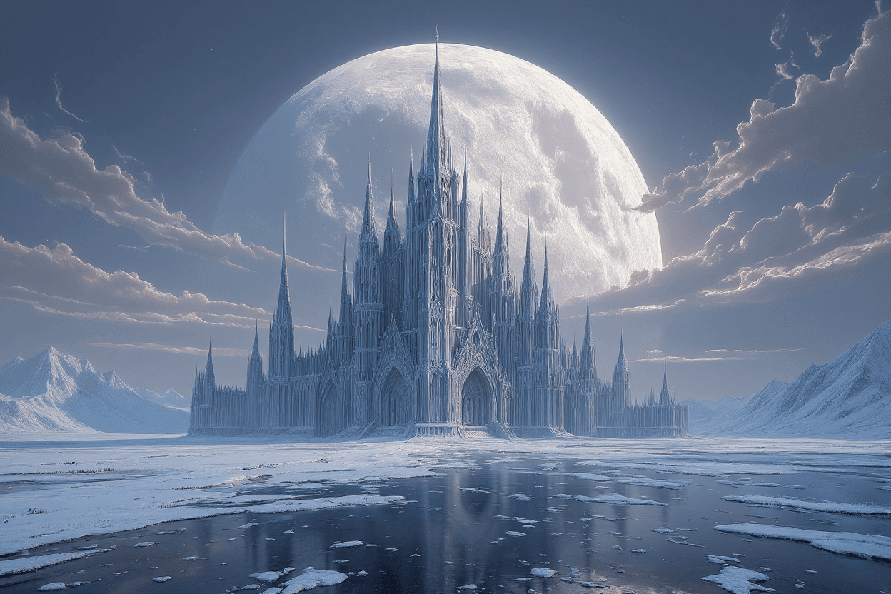 AI generated: gothic cathedral carved from ice on distant planet