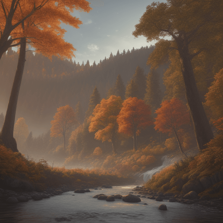 AI generated: photorealistic oil on canvas, 
big trees by a river and hill, 
beautiful setting, fall
Foreground,
u...