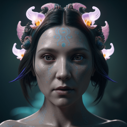AI generated: Goddess close-up portrait ribcagel. jellyfish phoenix head, nautilus, orchid, skull, betta fish, bio...