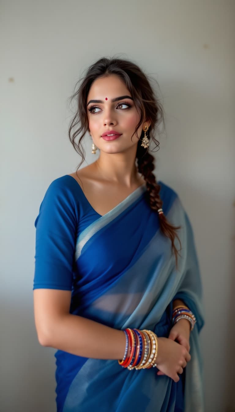 AI generated: Jennifer Connelly ,18-21 years old, Indian hair style, wearing a blue saree, inhaled chest,wide open...