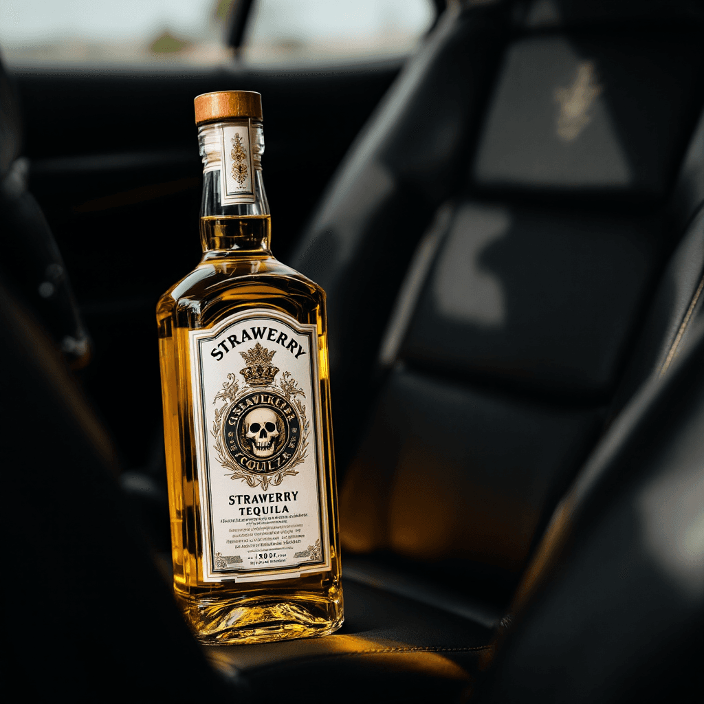 AI generated: A bottle of strawerry tequila in the frontseat of a car