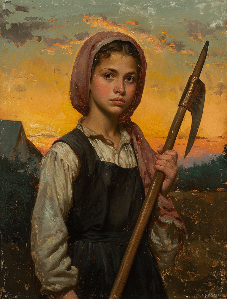 AI generated: Young farm girl holding sickle, sunset in the background in the style of Jules Breton from A La Nuit...