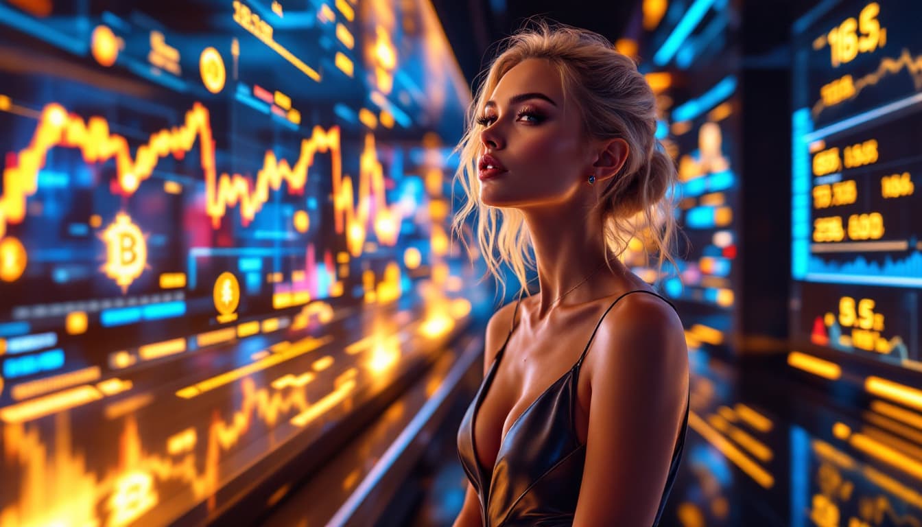 AI generated: A glamorous, confident young blonde woman in a sleek designer outfit, standing in a futuristic luxur...