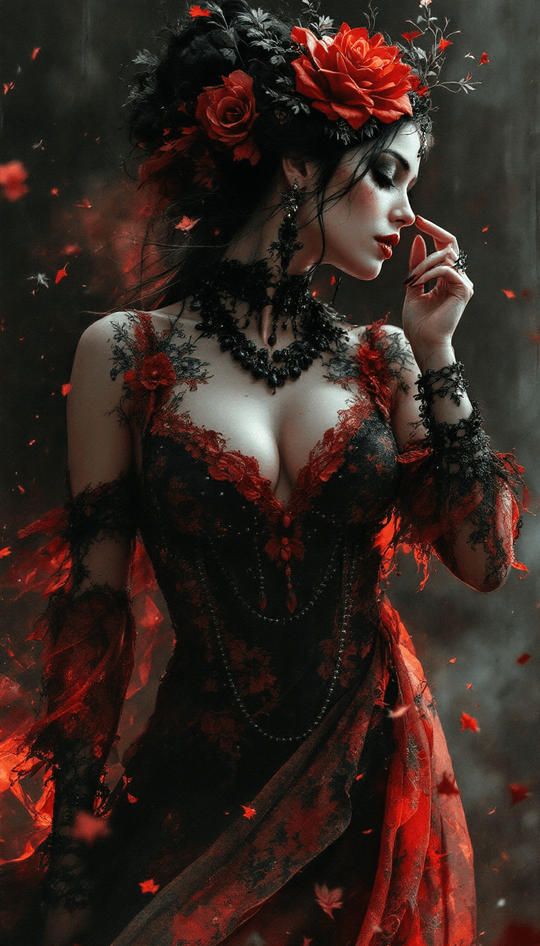 AI generated: Dark Fantasy Art, half l Body of a gypsy spanish woman in flamenco clothes, Blender stylized charism...