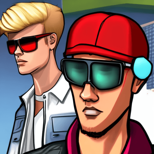 AI generated: Gta Loading screen guy with bieber hair and red jacket with sunglasses