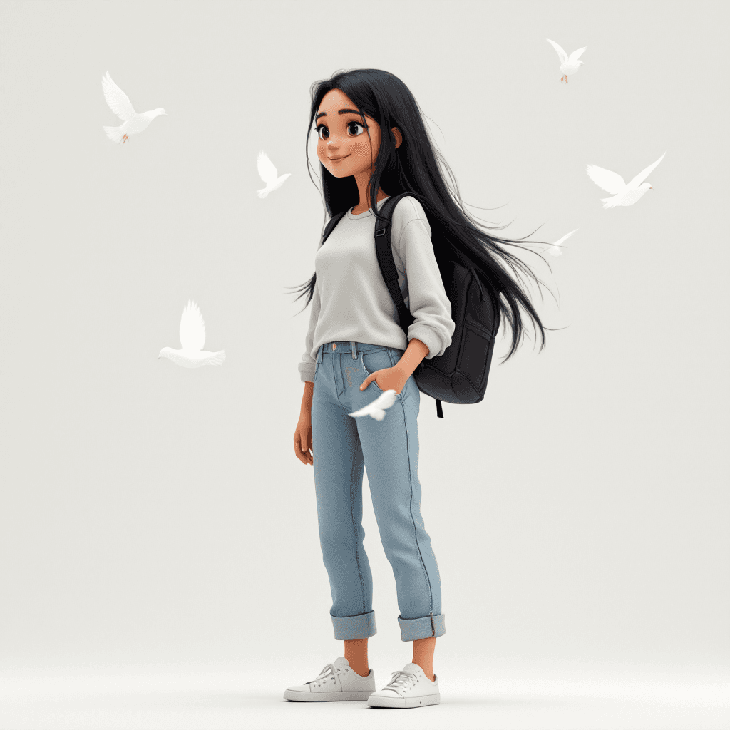 AI generated: create a realistic 3D image, Disney style, of a 20 year old women, cheerful and happy demeanor, she ...