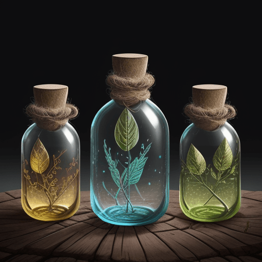 AI generated: concept art illustration of a set of magic bottles inspired by druidic styles, suitable for mobile g...