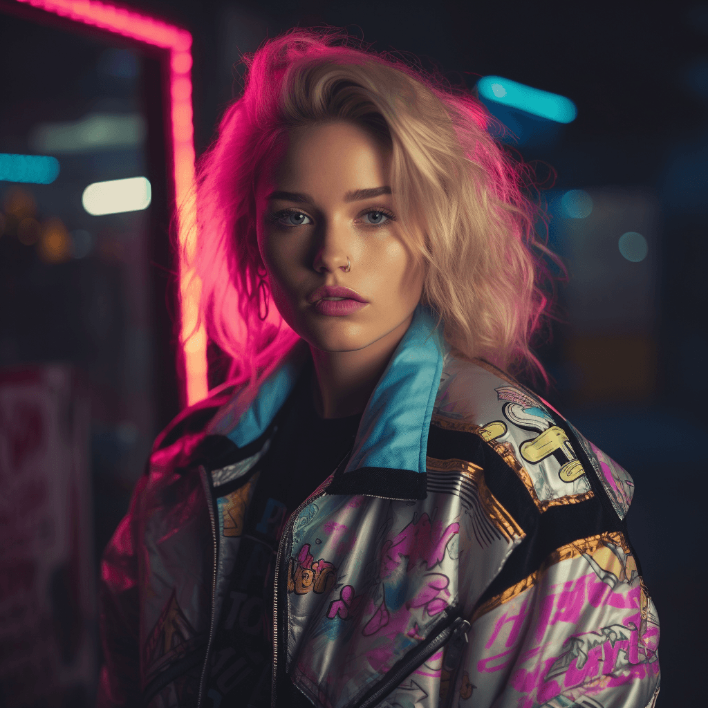 AI generated: a woman with blonde hair and neon jacket, in the style of vintage cinematic look, ray tracing, grain...